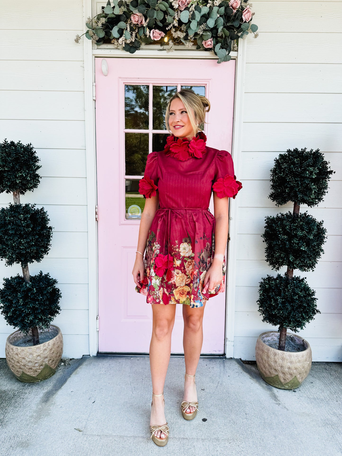 The Moment 3D Floral High Neck Dress - Burgundy
