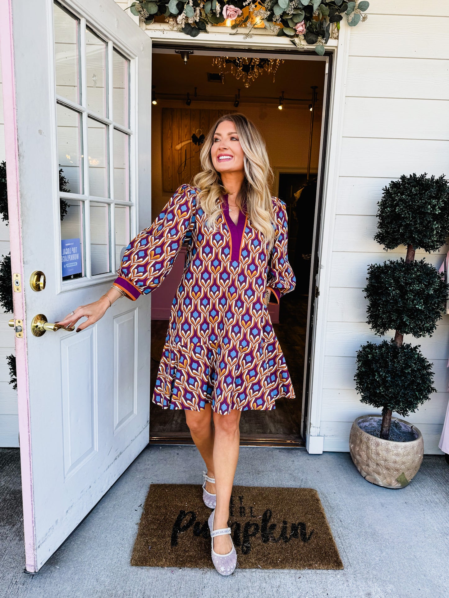 Add It Up Geometric Print Long Sleeve Dress - Wine