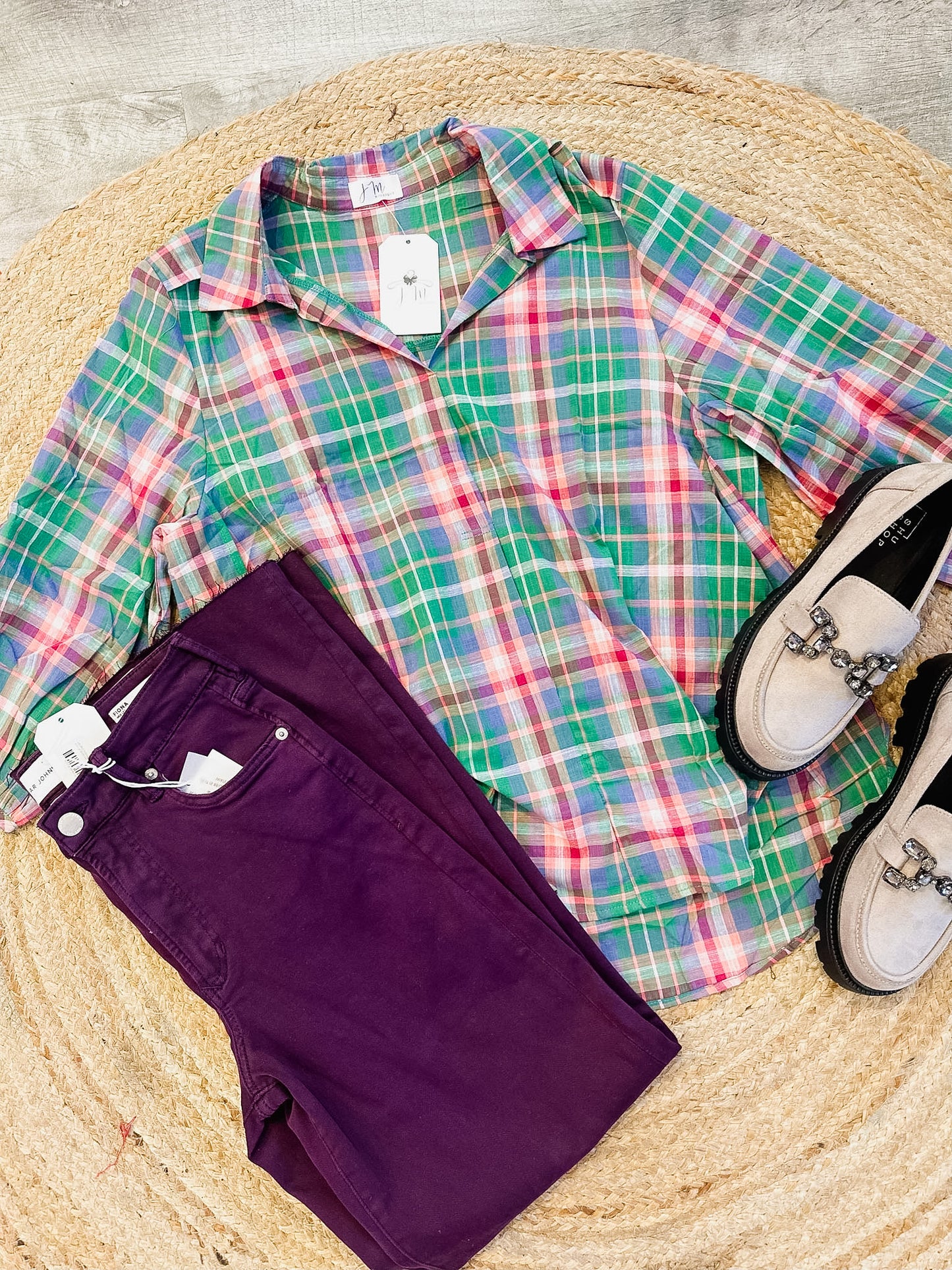 Keeping You Guessing Plaid V-Neck Top
