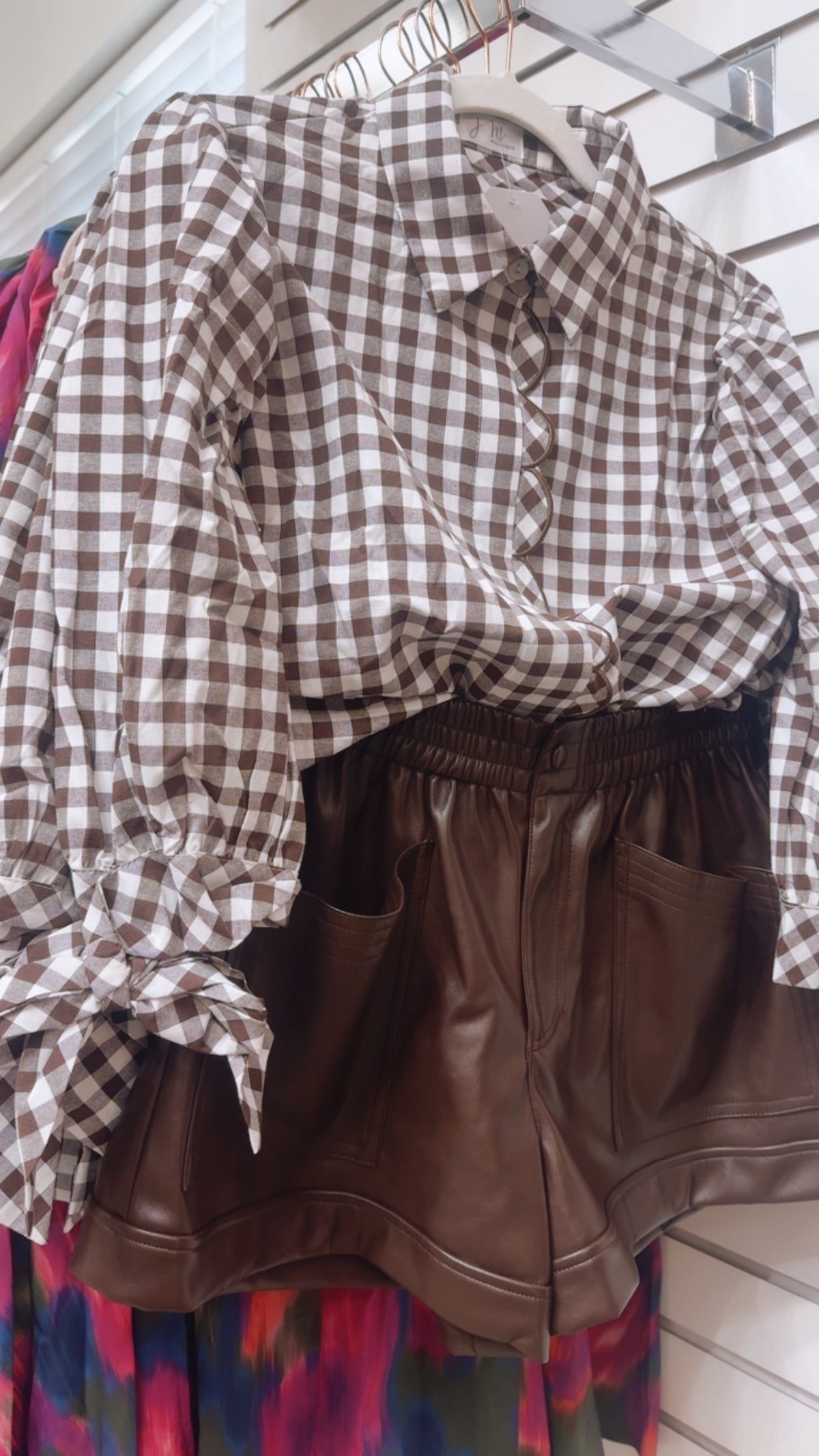 Plaid Knot Half Sleeve Button Down Shirt - Brown