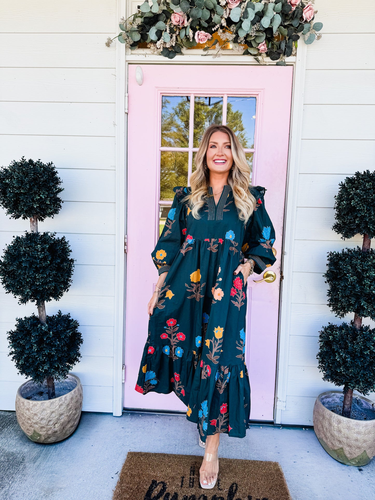 Home Grown Floral Midi Dress - Hunter Green