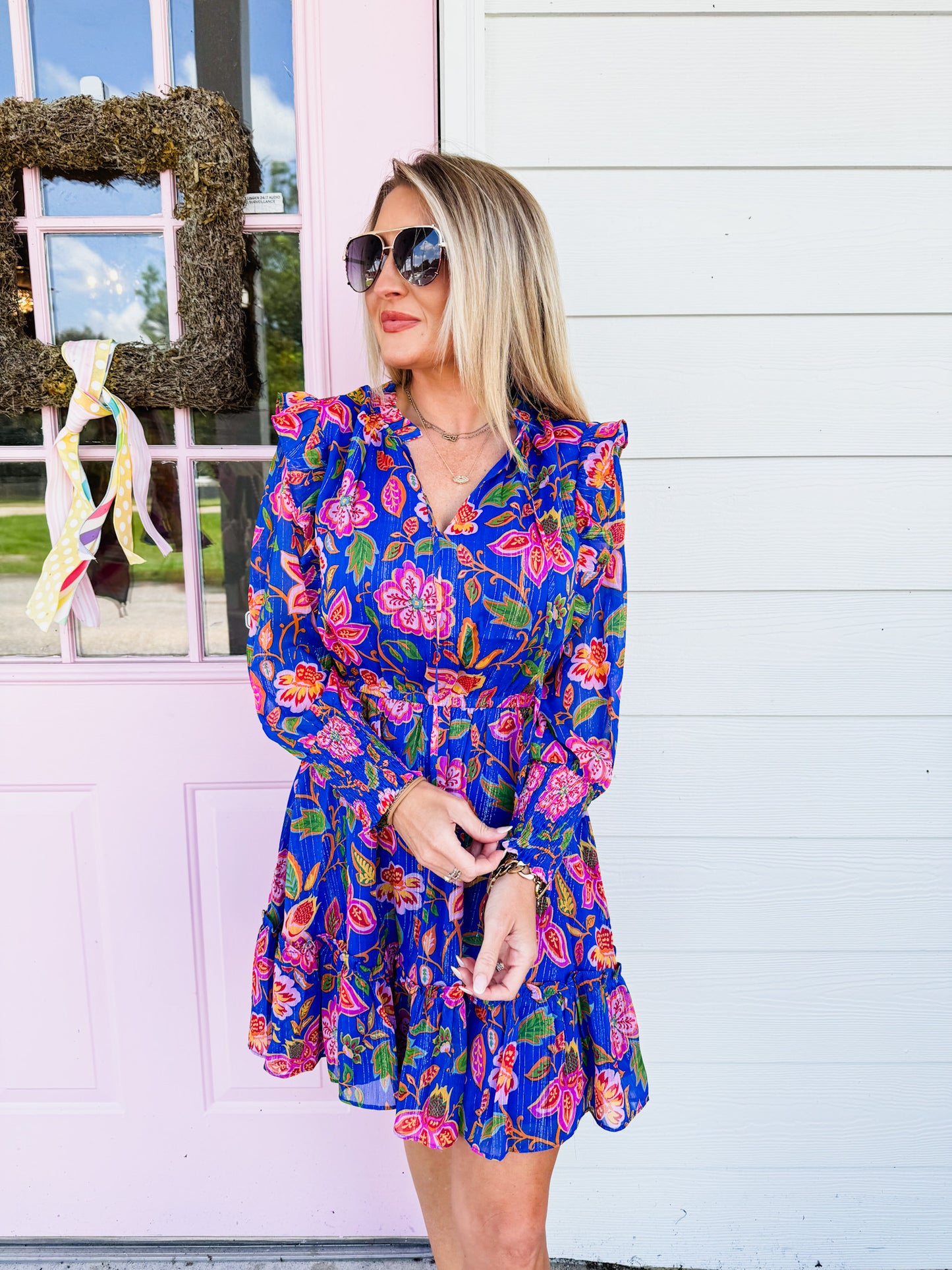 Wendey Floral Ruffle Chiffon Dress - Blue Multi