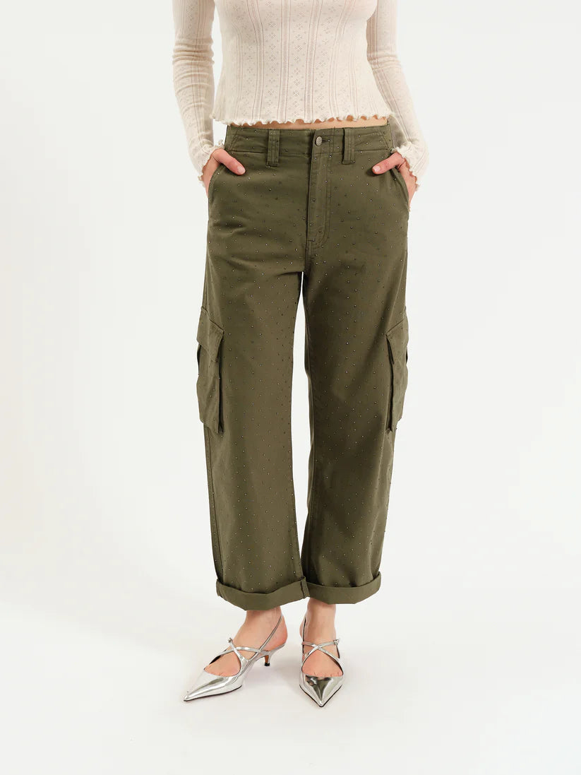 Daze The Squad Cargo Pants - Bronze Green Embellished