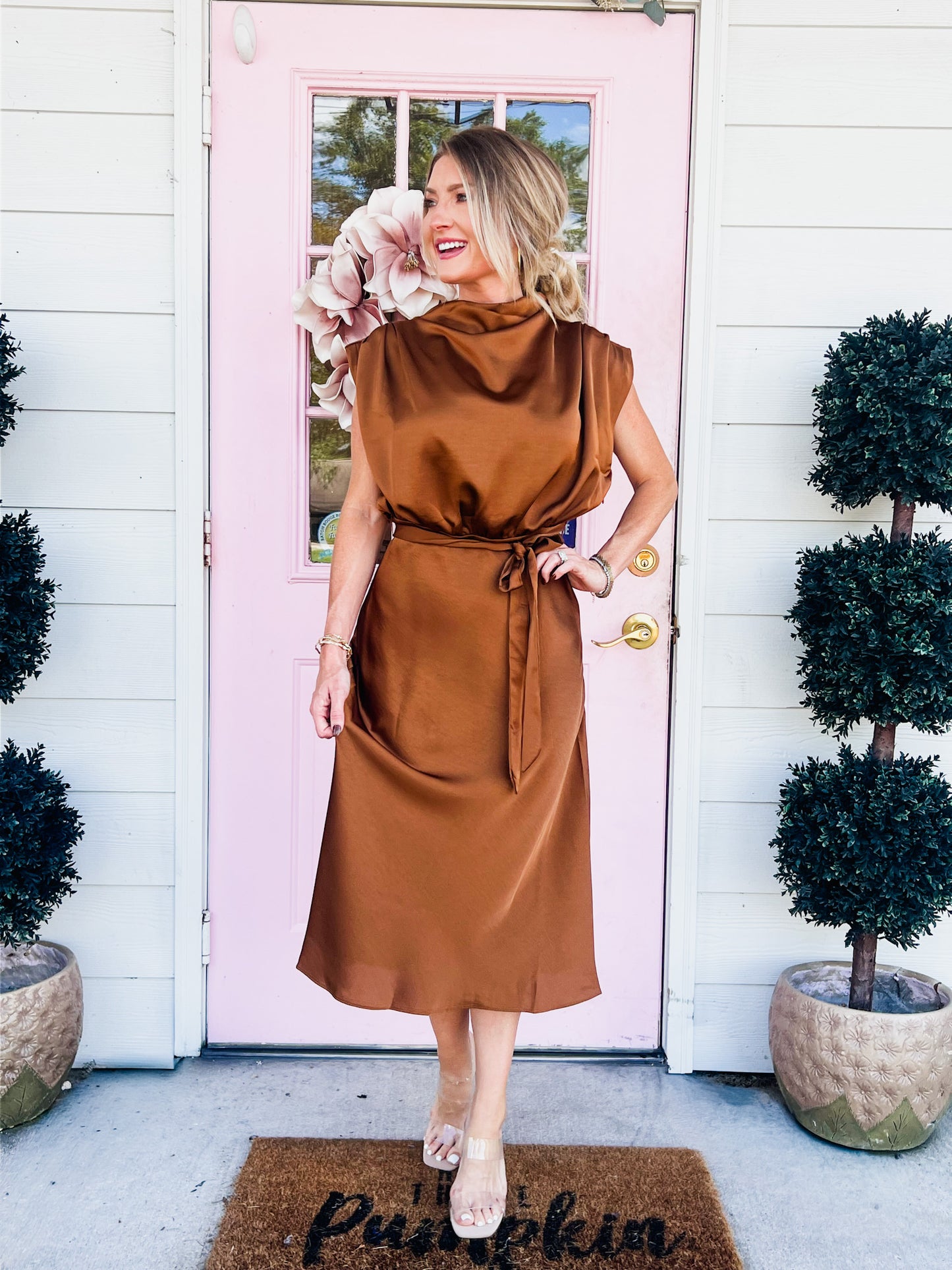Up For Anything Cowl Neck Midi Dress - Camel