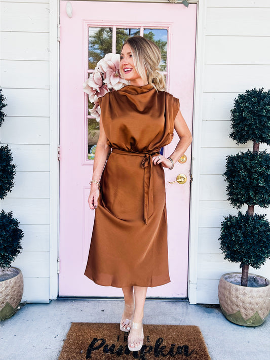 Up For Anything Cowl Neck Midi Dress - Camel