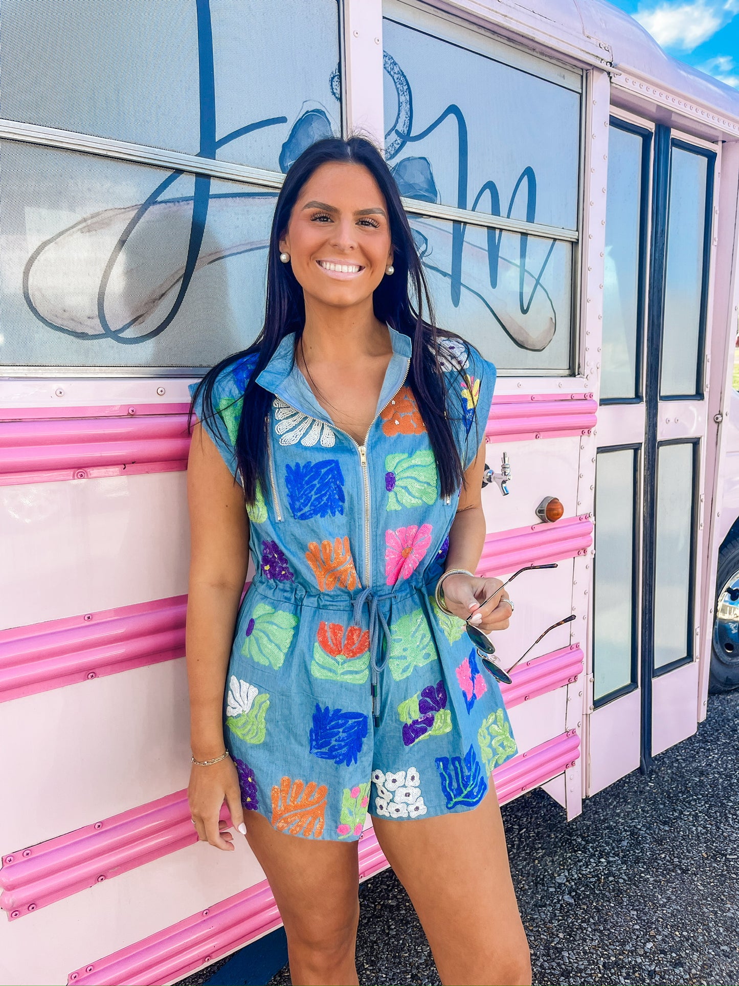 Queen Of Sparkles Denim Flower Tile Zipper Romper