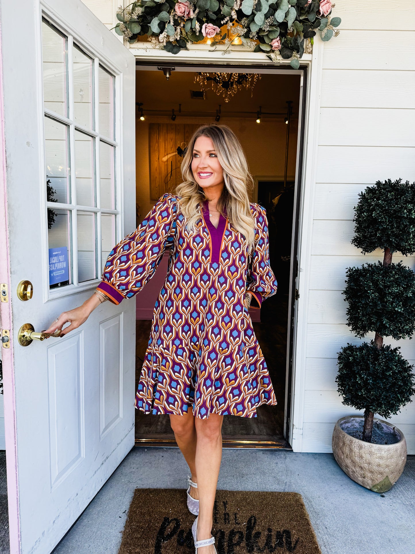Add It Up Geometric Print Long Sleeve Dress - Wine