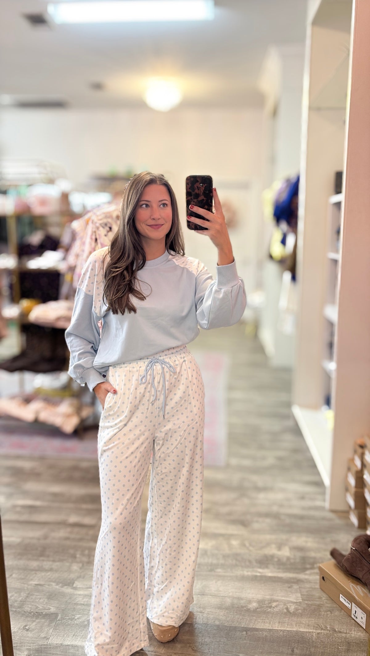 Polka Dot Patchwork Colorblock Long Sleeve Pants Set - Light Blue