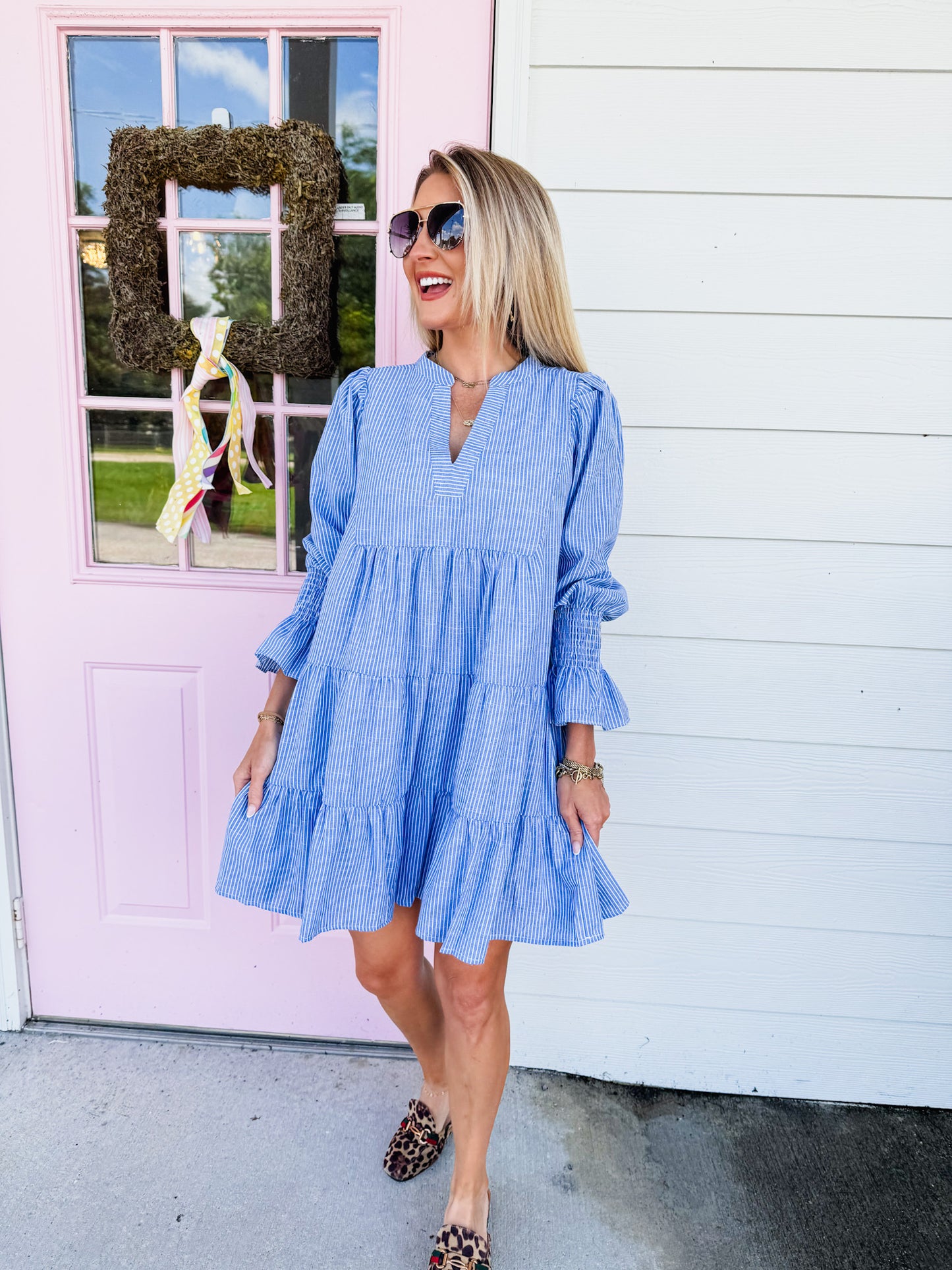 Light Steps Stripe Babydoll Mini Dress - Blue/White