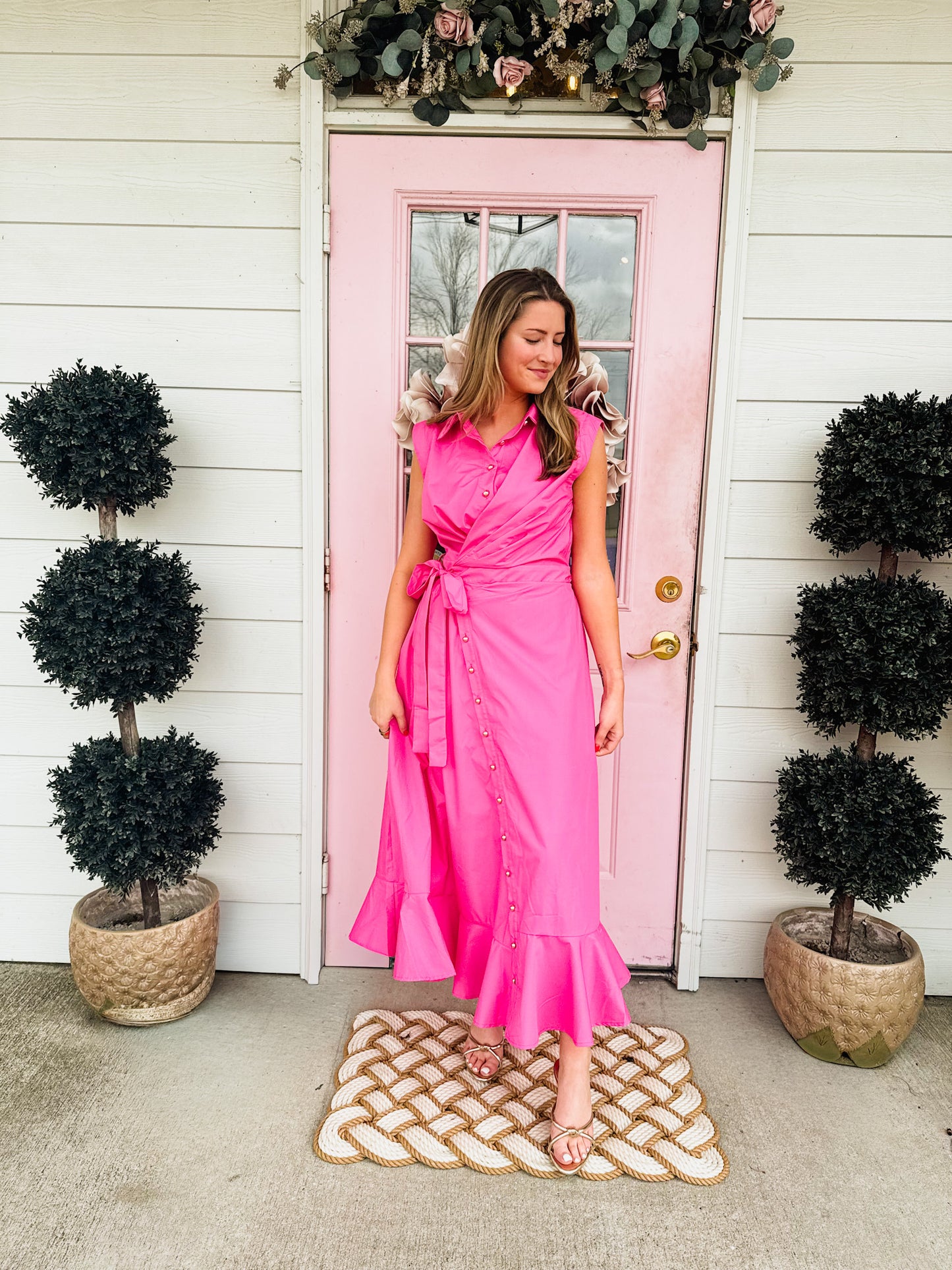 Who Is She Faux Wrap Midi Dress - Hot Pink