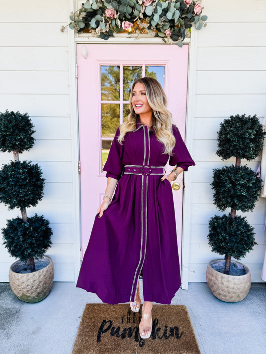 Pick Me Belted Midi Dress - Plum