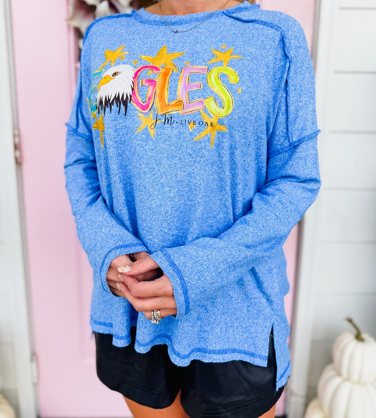 JM + Live Oak Eagle Head Star Logo Long Sleeve Tee - Washed Blue - Adult