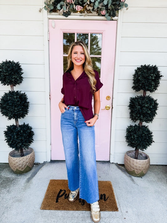 No Problem Button Up Short Sleeve Blouse - Wine