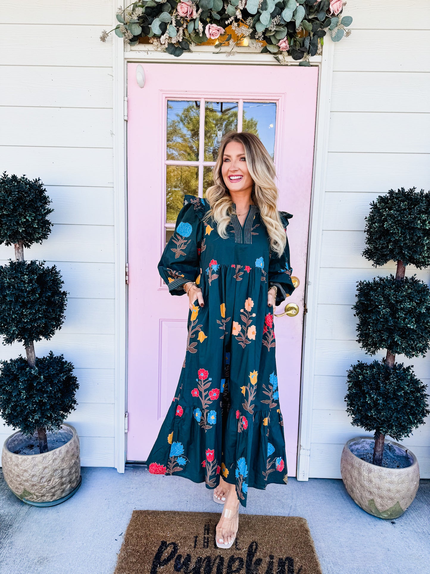 Home Grown Floral Midi Dress - Hunter Green