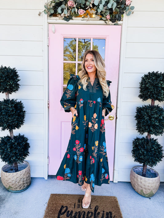 Home Grown Floral Midi Dress - Hunter Green