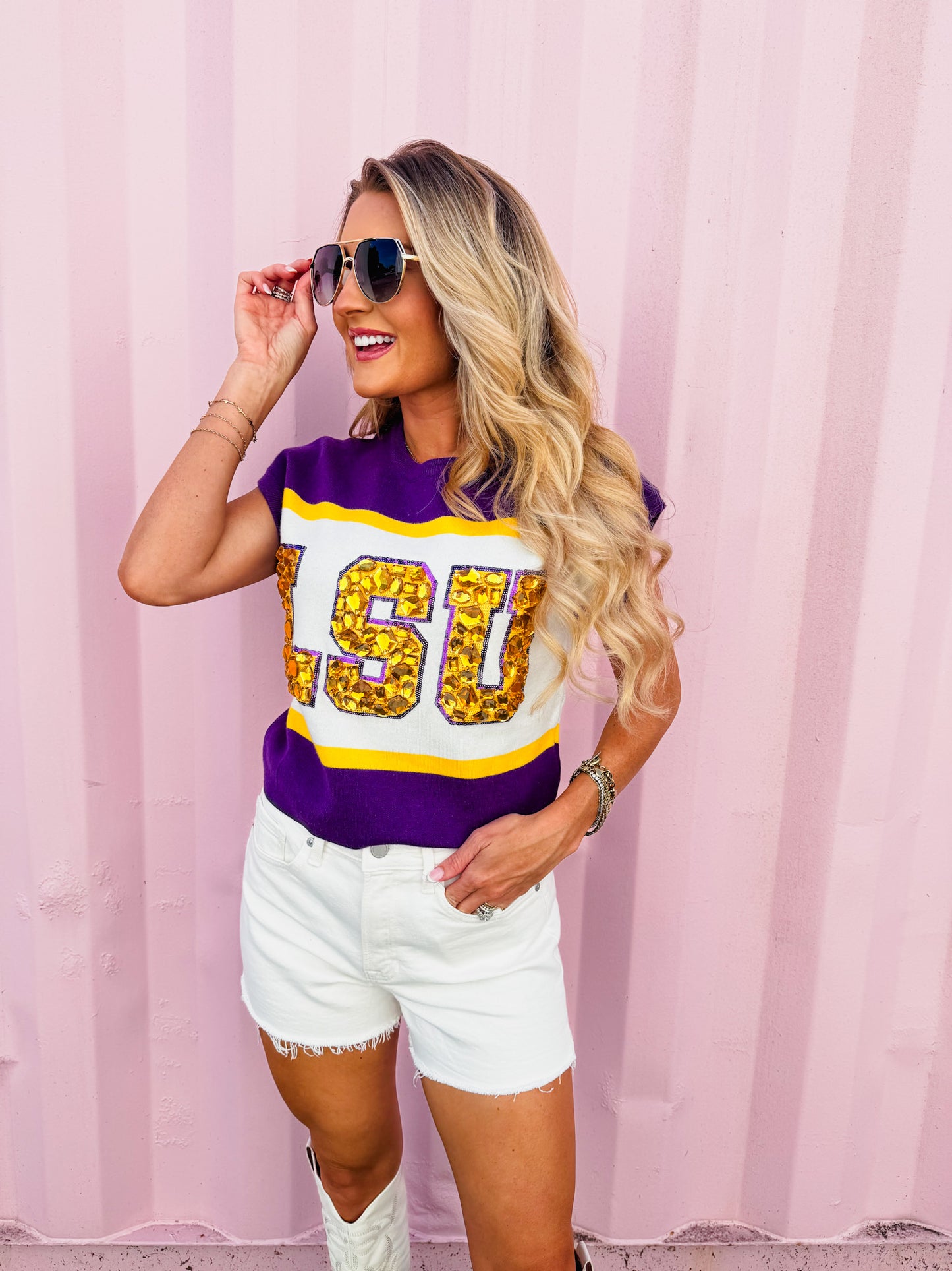 Queen Of Sparkles Licensed 'LSU' Colorblock Jewel Letter Short Sleeve Sweater
