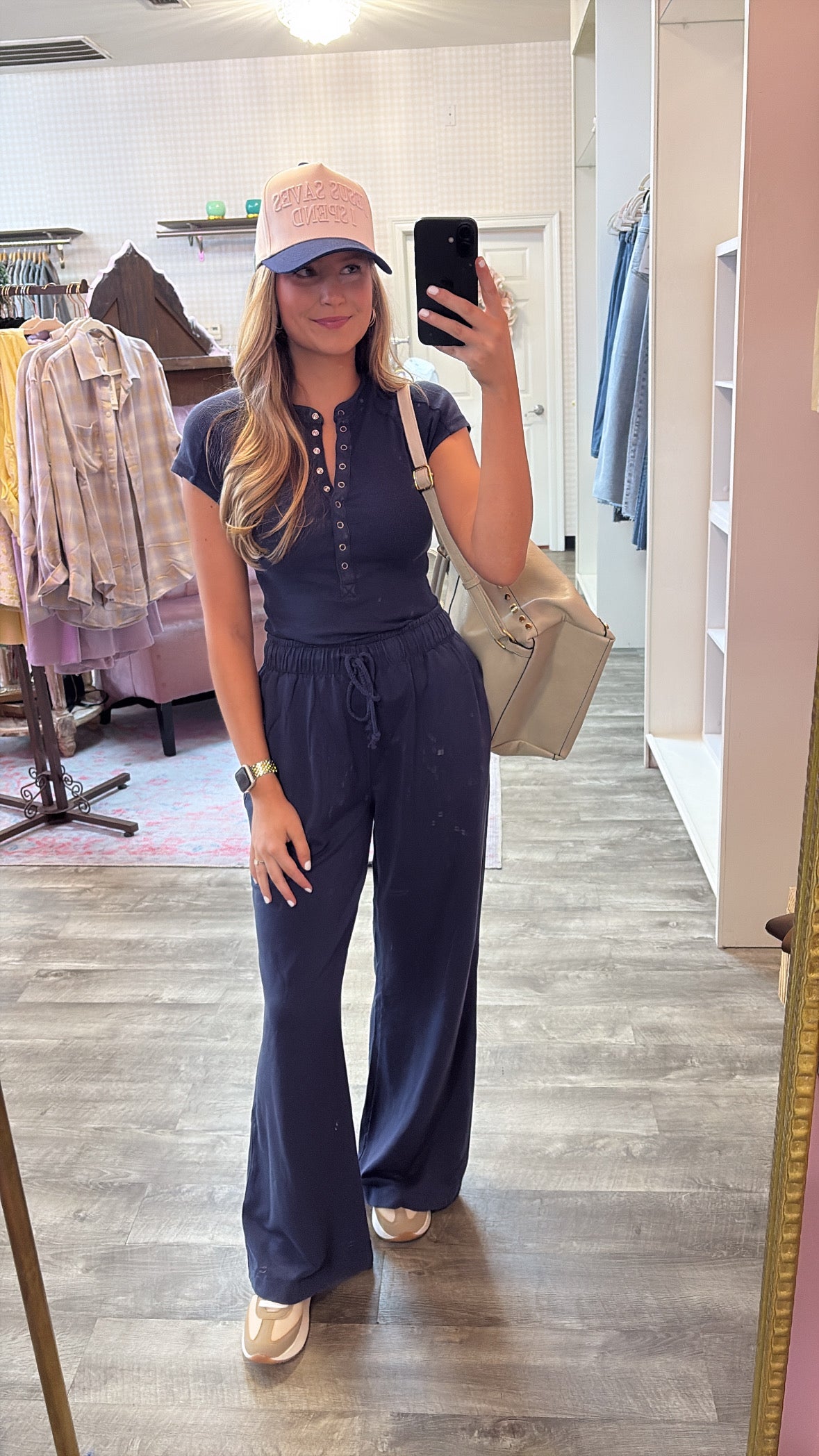 Big Fan Raglan Button Down Tee Pant Set - Navy