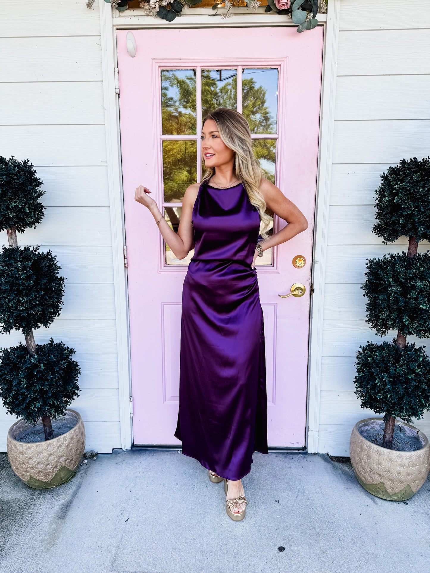 Show Stopper Twisted Shoulder Midi Dress - Plum
