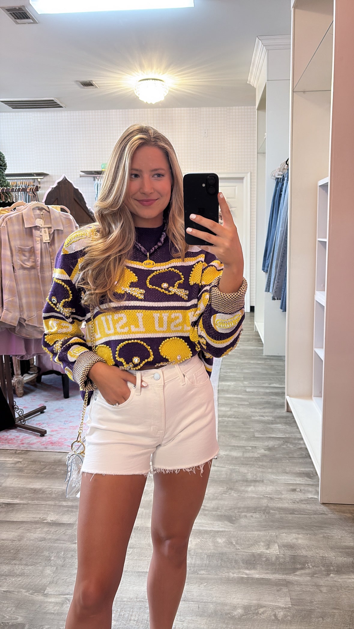 Queen Of Sparkles Licensed LSU Vintage Football Helmet Stripe Sweater