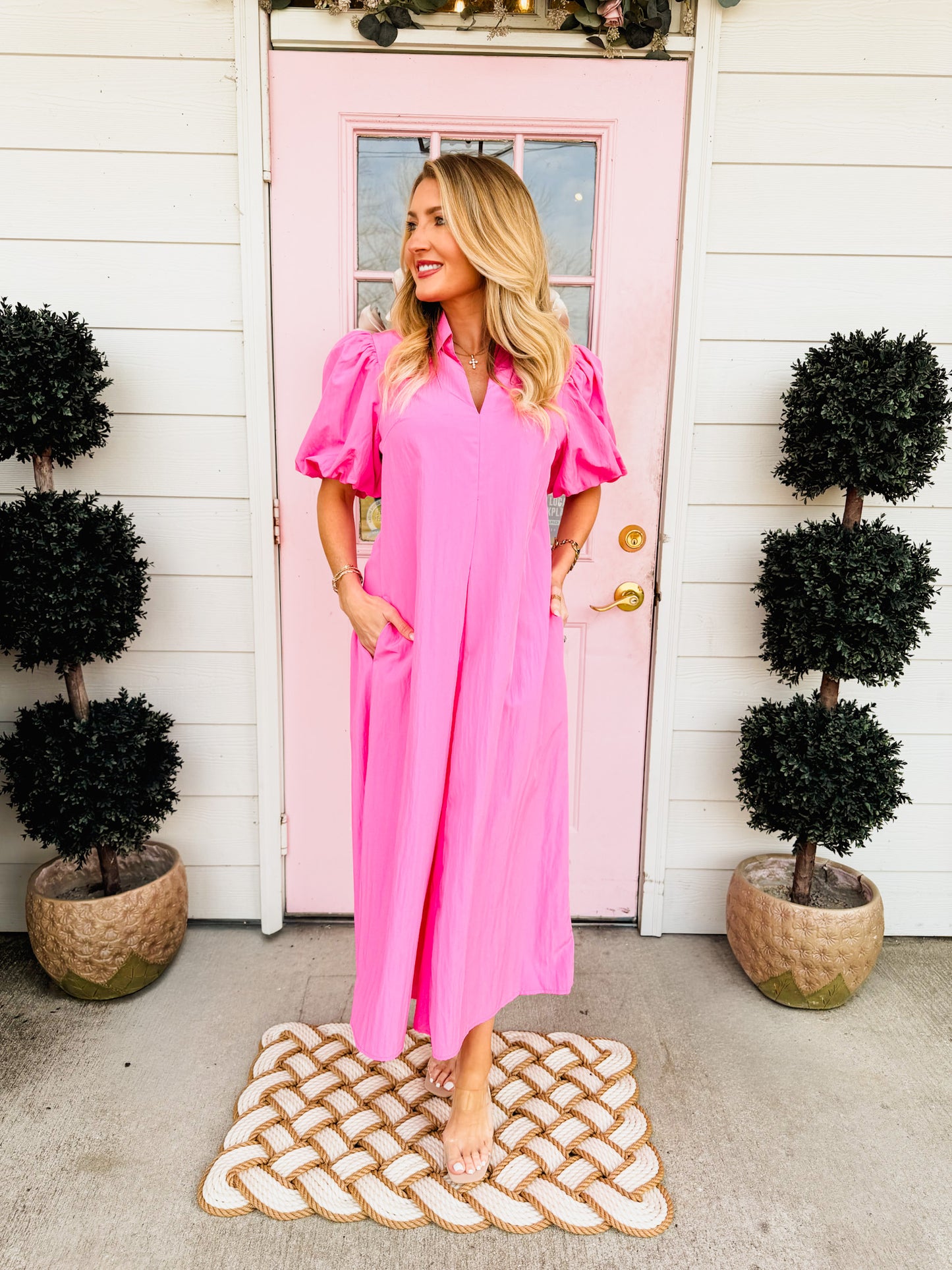 Amazing Race Collar V-Neck Pleated Midi Dress - Hot Pink