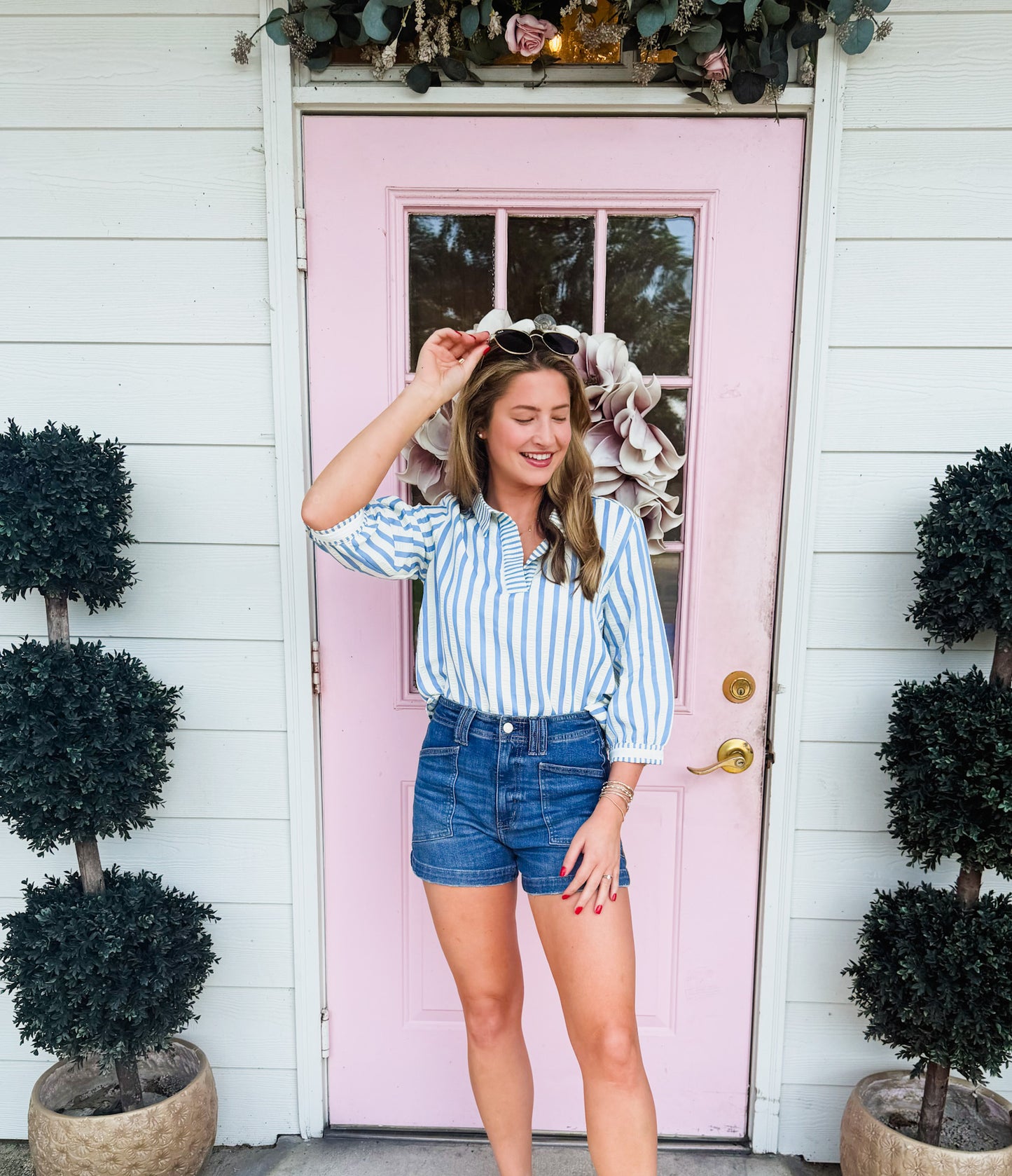 Stripe 3/4 Sleeve Collared Top - Sky Blue