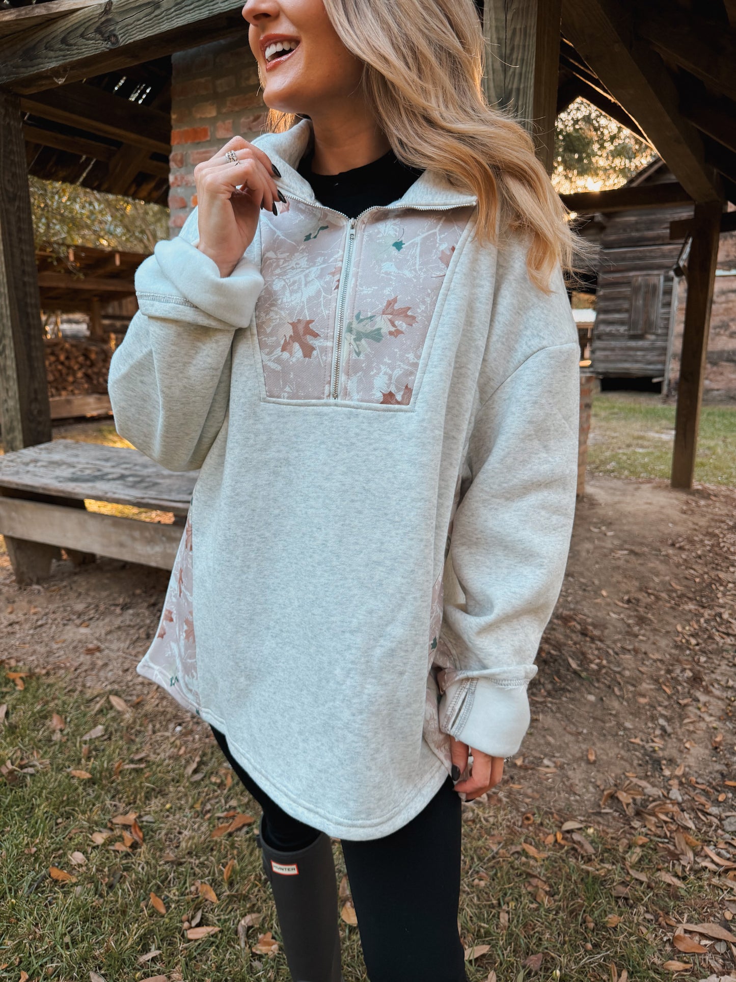 Camo Leaves Patchwork Quarter Zip Oversized Pullover - Grey