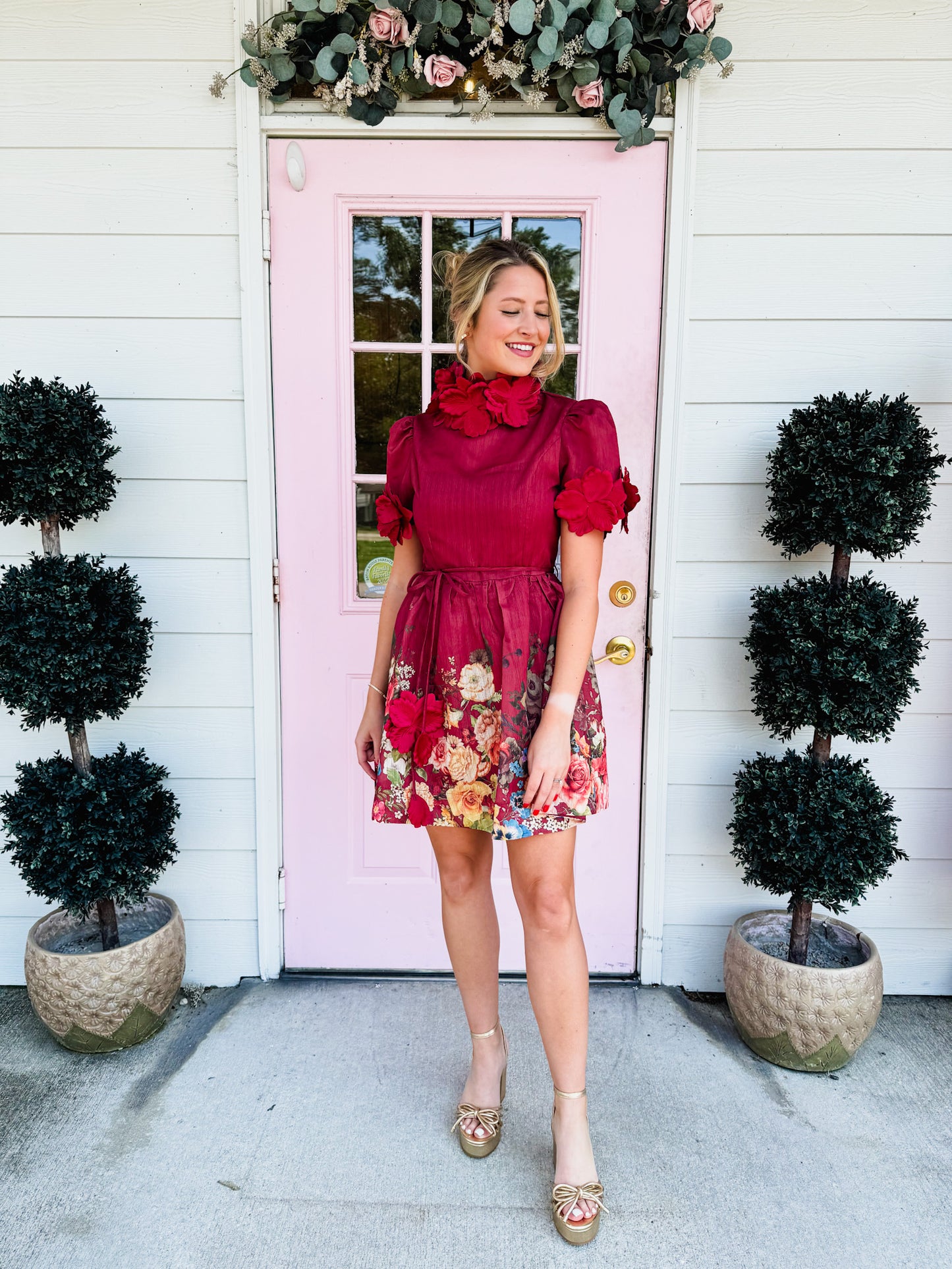 The Moment 3D Floral High Neck Dress - Burgundy