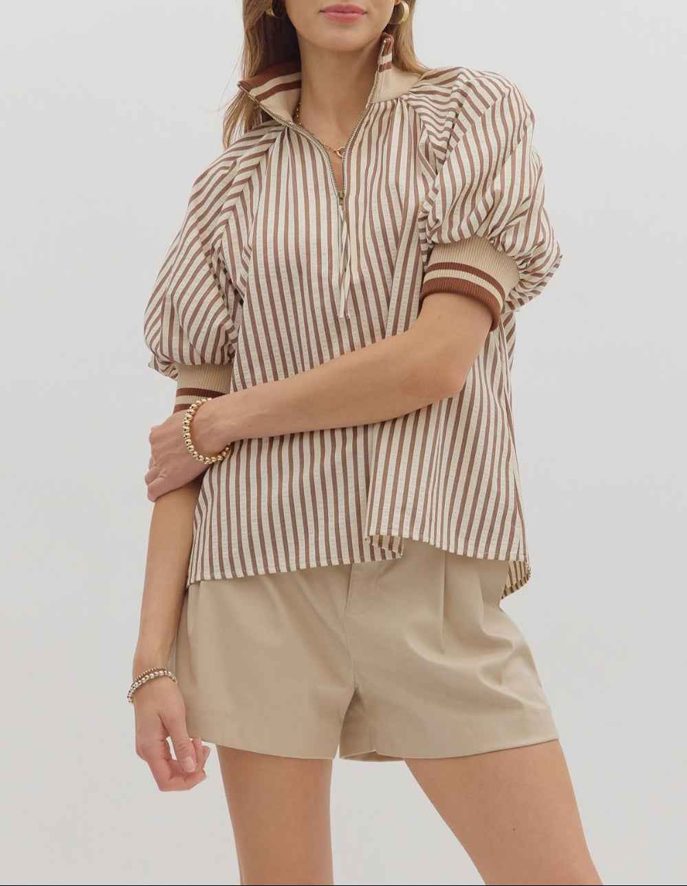 Fresh Look Stripe Half-Zip Puff Sleeve Top - Caramel