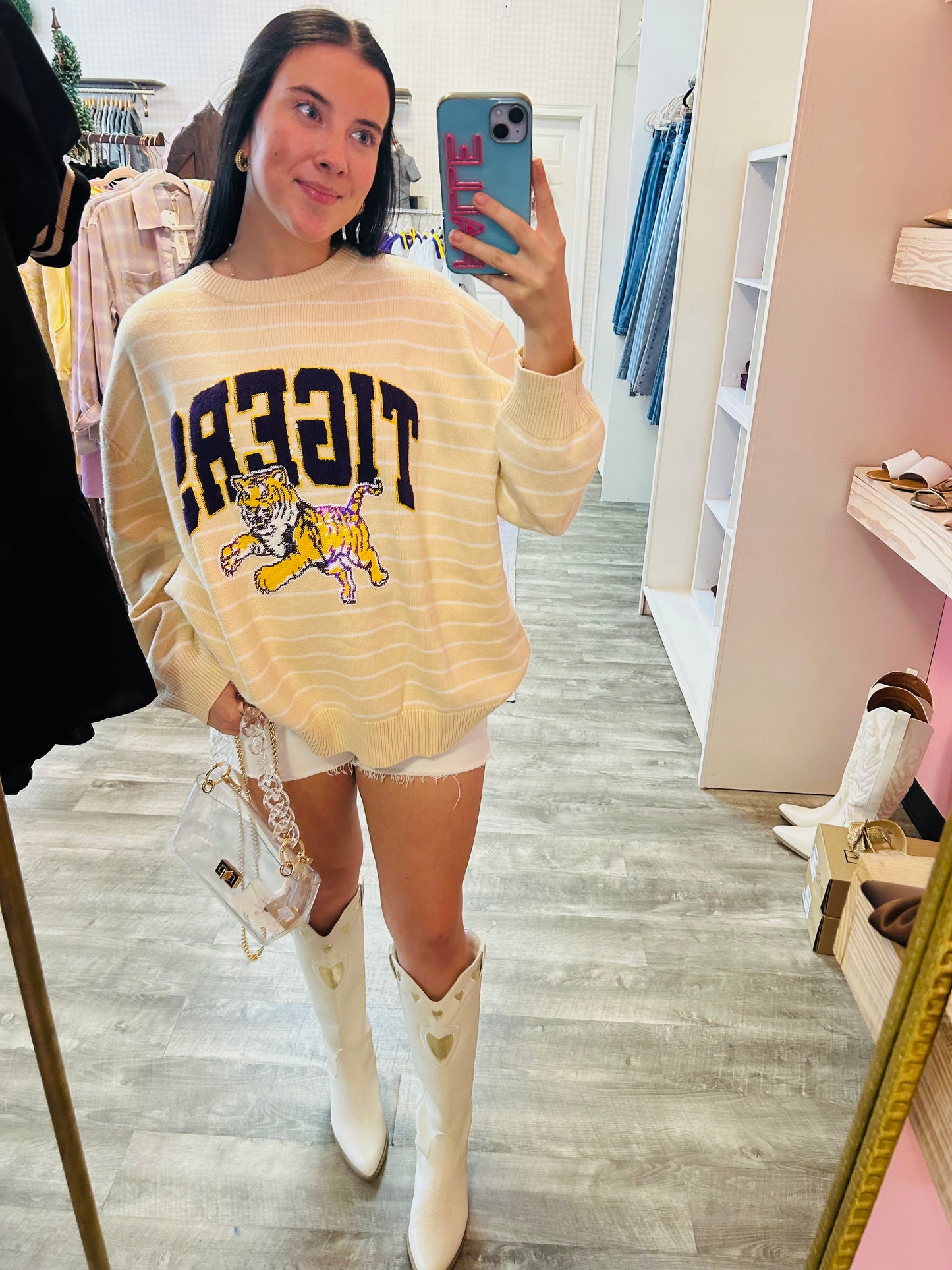 Queen Of Sparkles Licensed LSU Beige Stripe Vintage Team Sweater