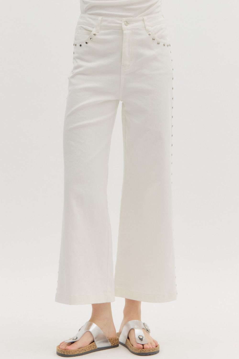 Got To Have High Waist Ankle Length Pants with Silver Studs - Off White