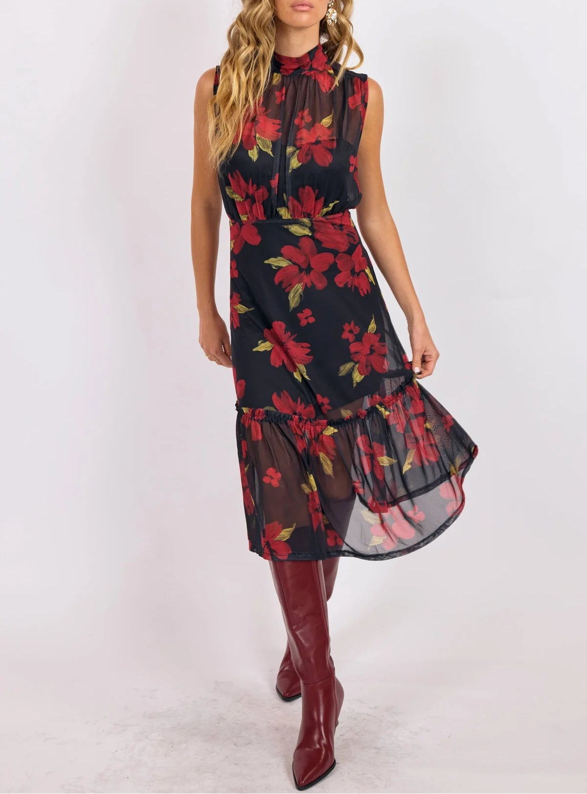 Gypset Glamour Mesh High Neck Midi Dress - Red Multi