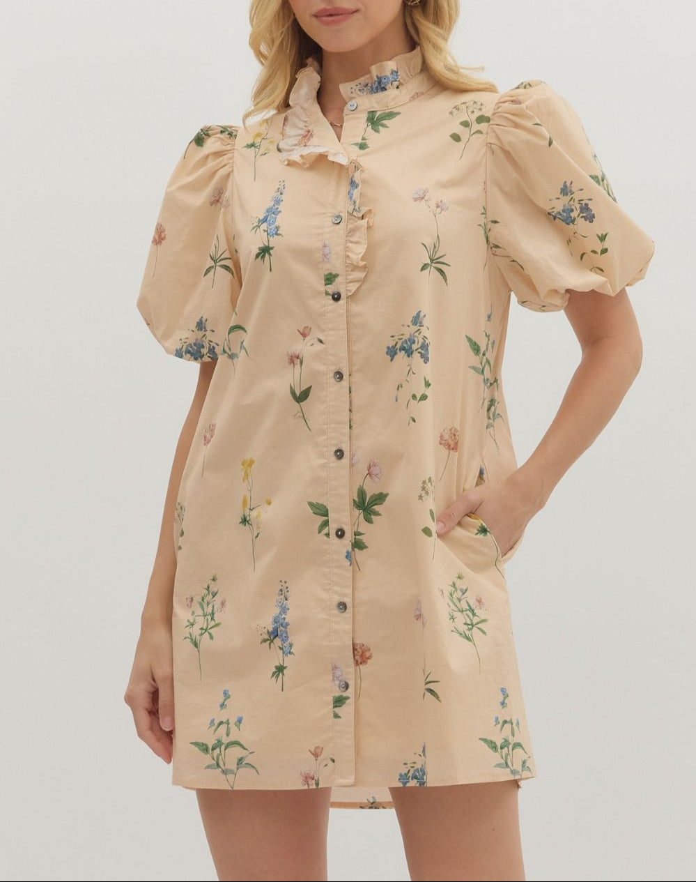Happy Thoughts Floral Bubble Sleeve Dress - Ecru