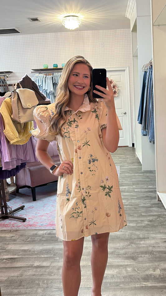 Happy Thoughts Floral Bubble Sleeve Dress - Ecru