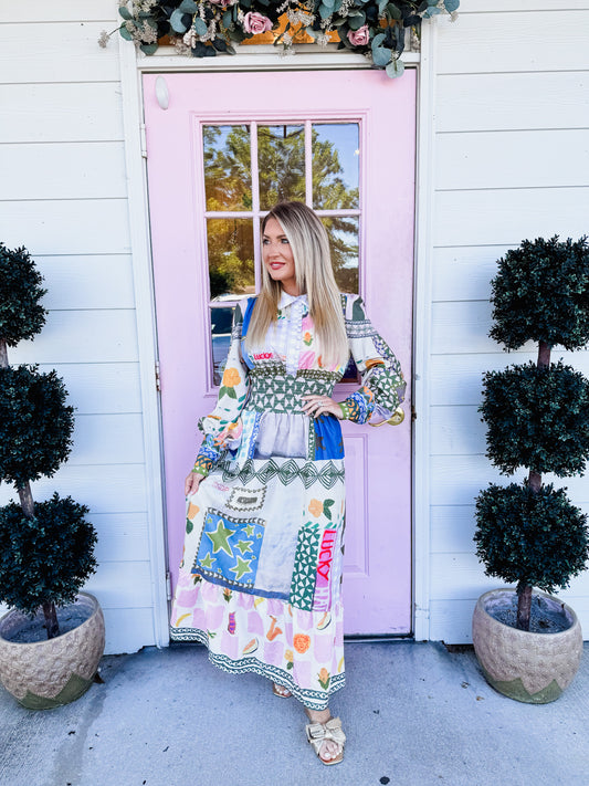 Color Your World Printed Lantern Waist Maxi Dress - Multi