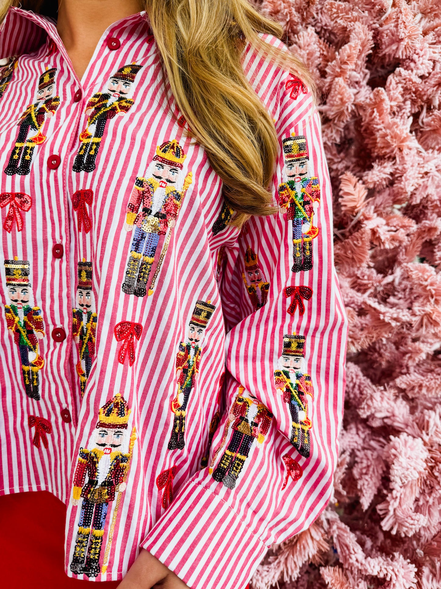 Queen Of Sparkles Red Stripe Scattered Nutcracker & Bow Cotton Button Up Top