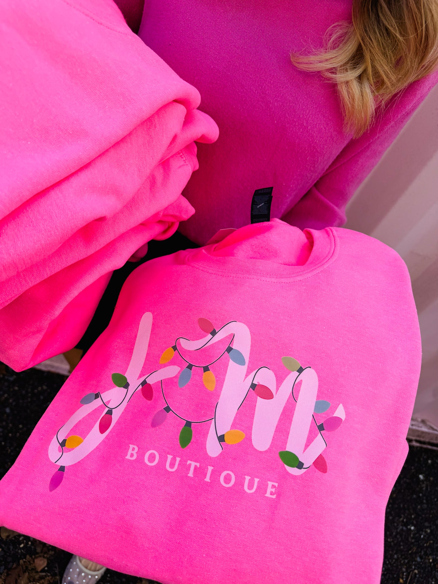 DAY 7 - JM Christmas Lights Sweatshirt - Safety Pink