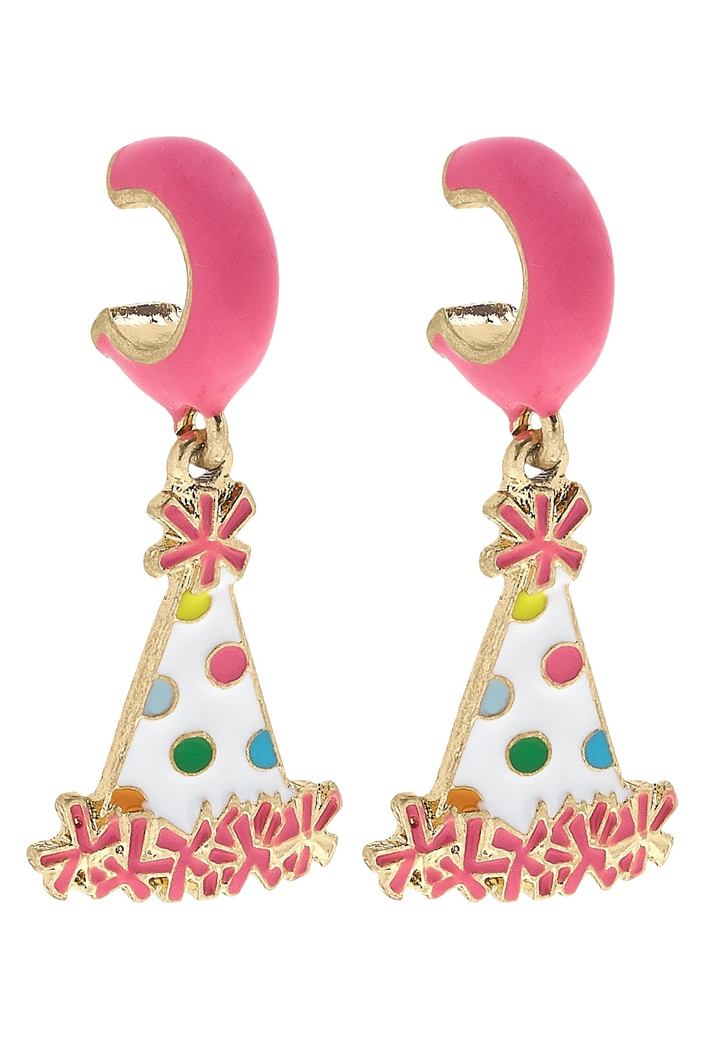 Polka Dot Enamel Party Hat Huggie Hoop Earrings - Pink