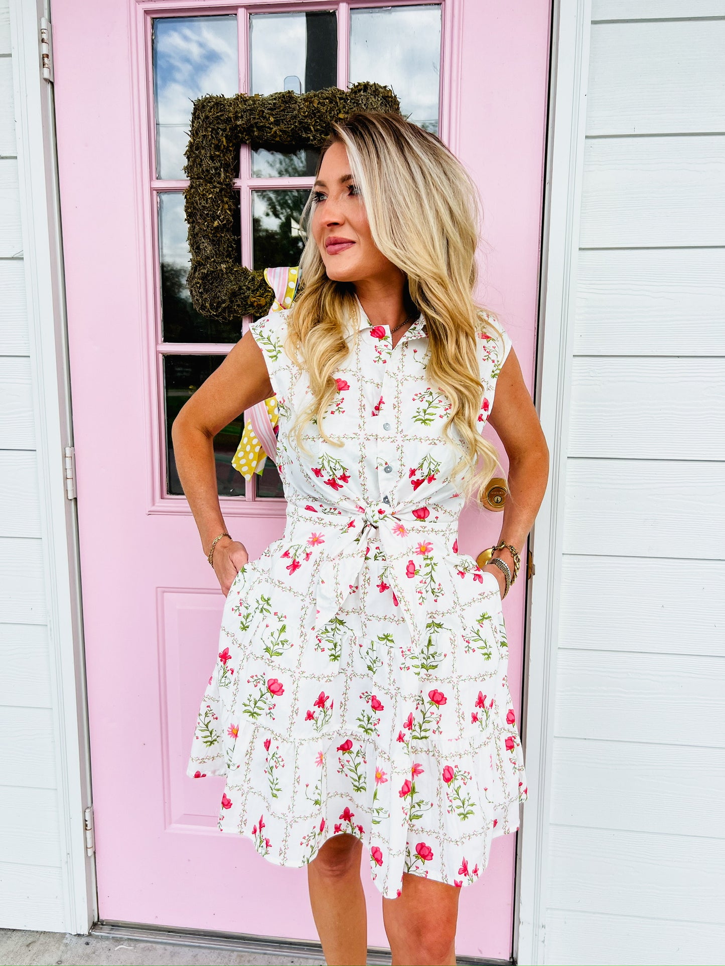 Picking Flowers Sleeveless Front Tie Dress - Cream