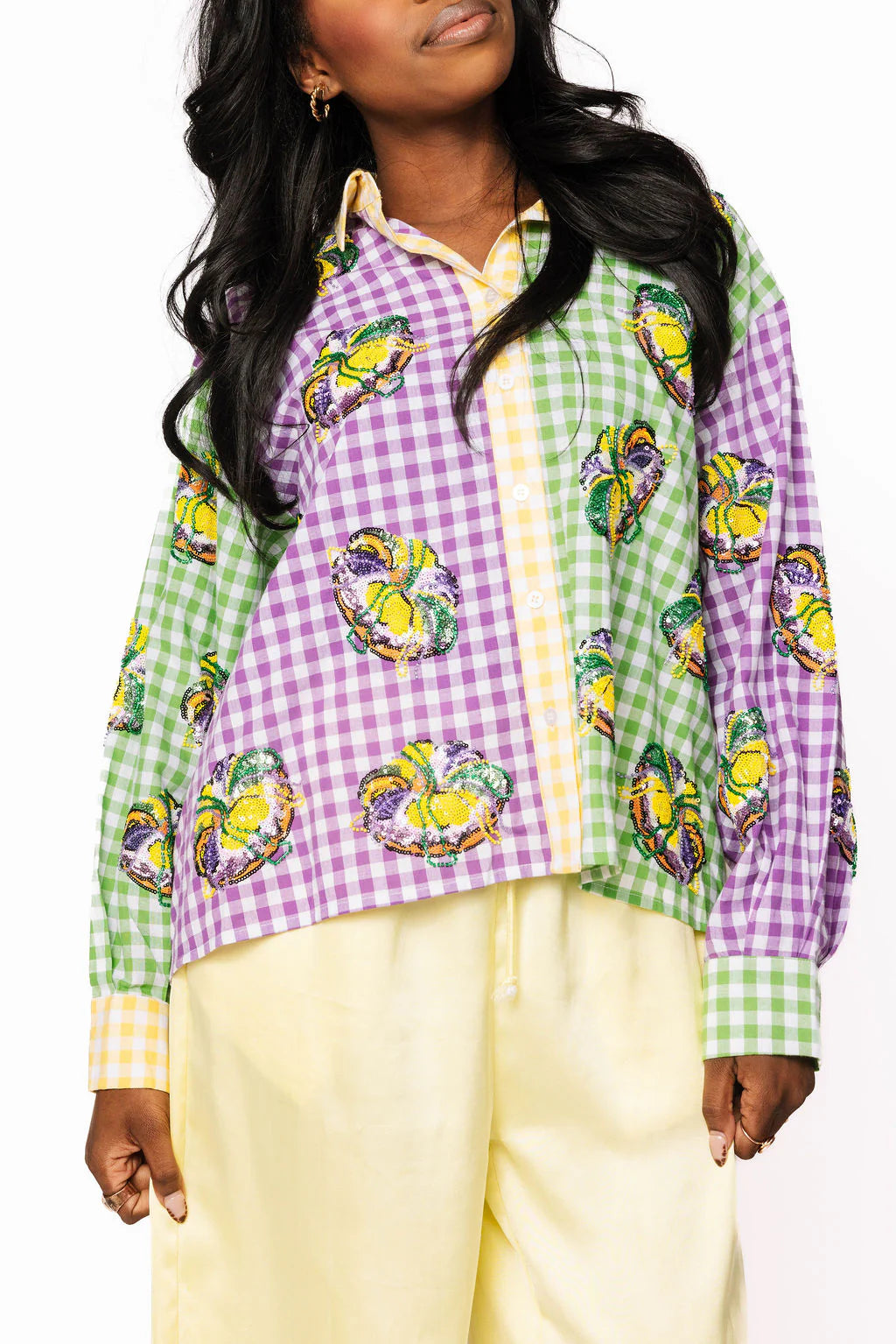 Queen Of Sparkles Colorblock Mardi Gras Gingham King Cake Button Up Top