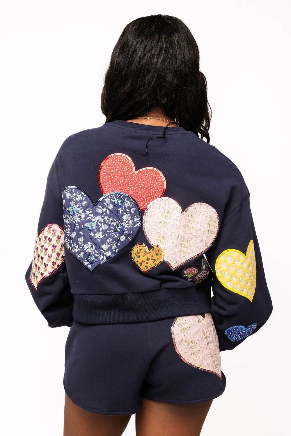 Queen Of Sparkles Navy Multi Embroidered Hearts Sweatshirt