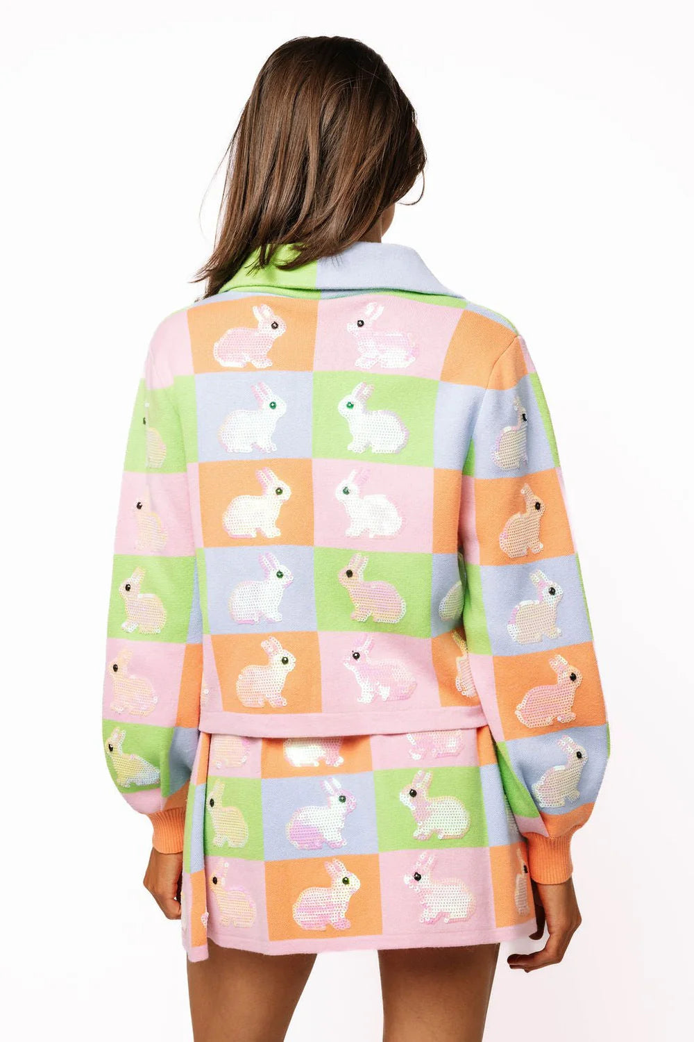 Queen of Sparkles Pastel Colorblock Easter Bunny Button Up Collar Cardigan