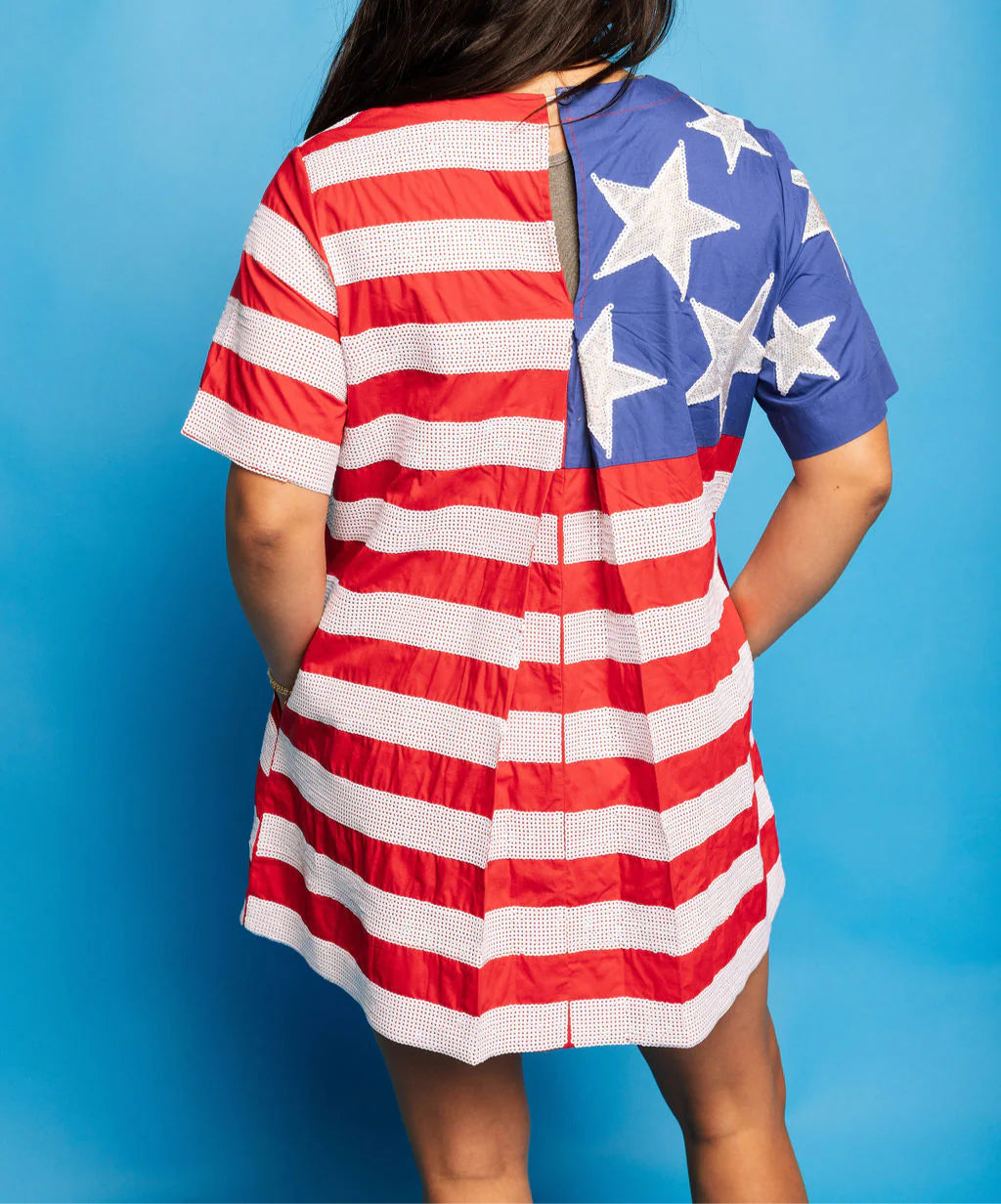 Queen Of Sparkles American Flag Short Sleeve Cotton Dress