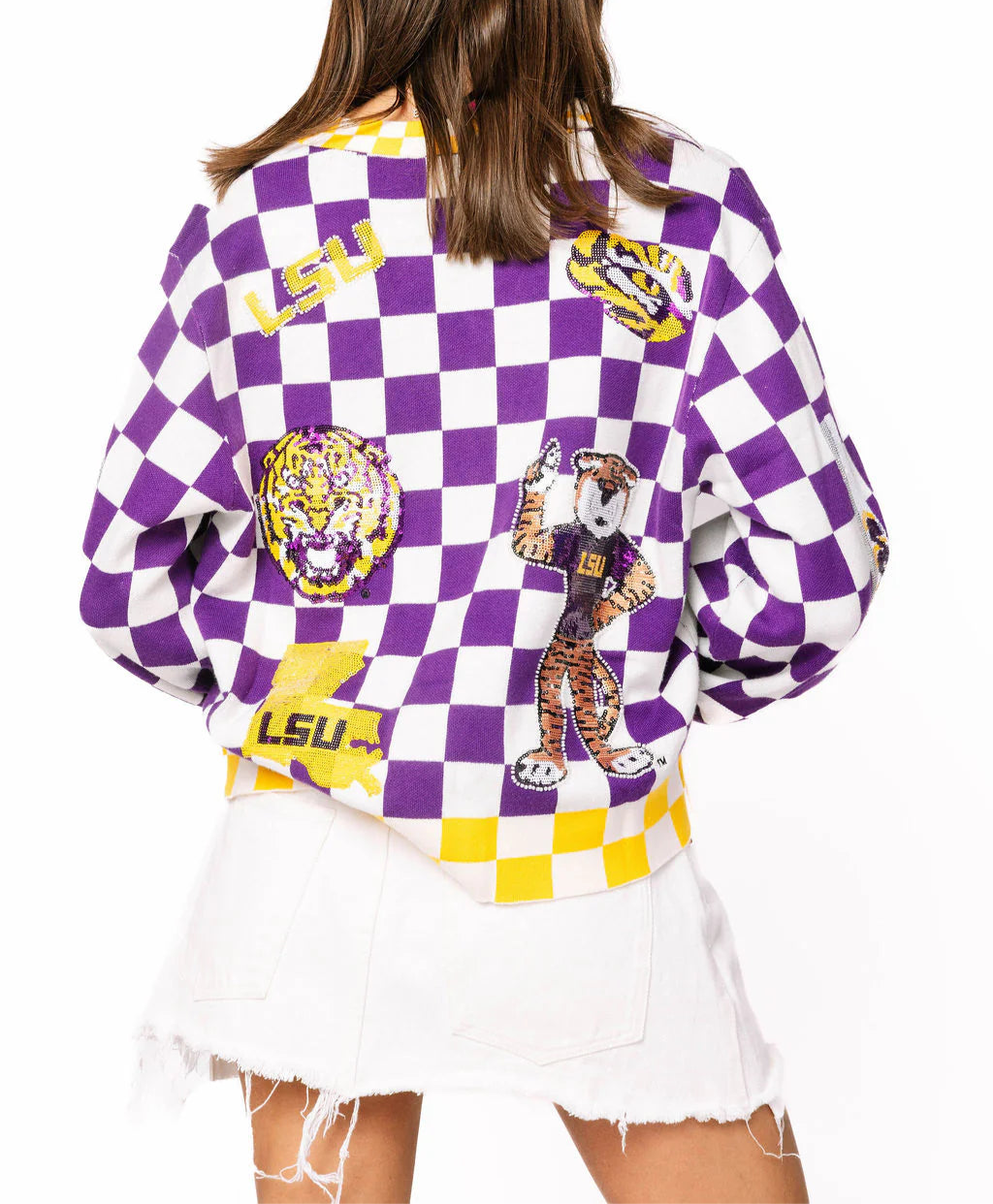 Queen Of Sparkles Licensed LSU Checkered Team Icons Cardigan