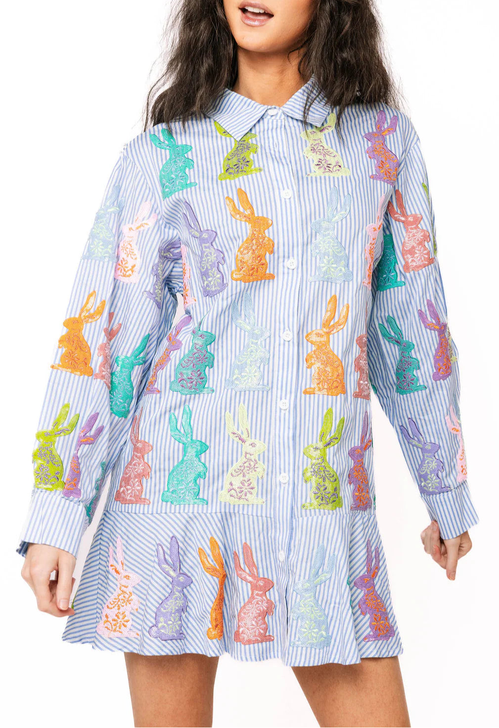 Queen of Sparkles Blue & White Striped Multi Easter Bunny Button Up Cotton Dress