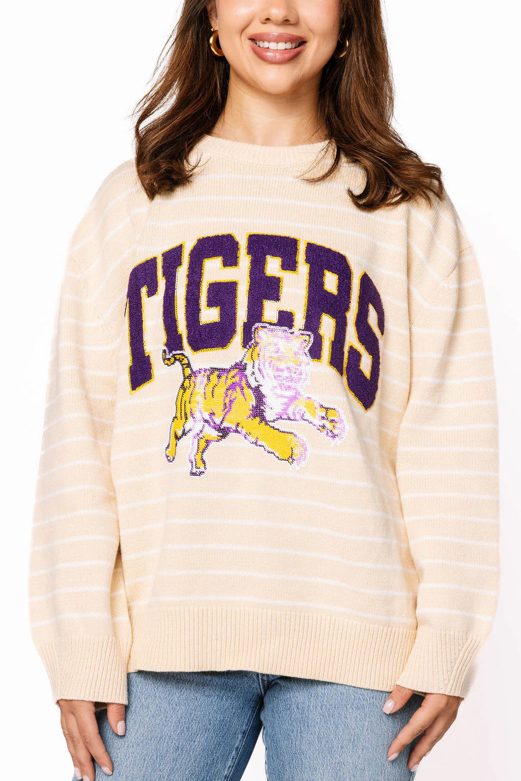 Queen Of Sparkles Licensed LSU Beige Stripe Vintage Team Sweater