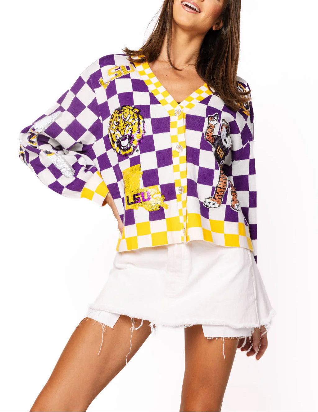 Queen Of Sparkles Licensed LSU Checkered Team Icons Cardigan