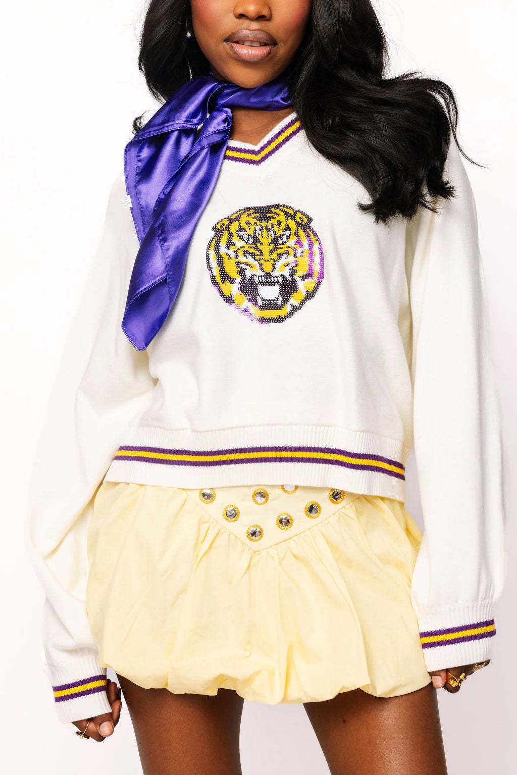 Queen Of Sparkles Licensed LSU V Neck Striped Cuff LS Sweater With Small Mascot