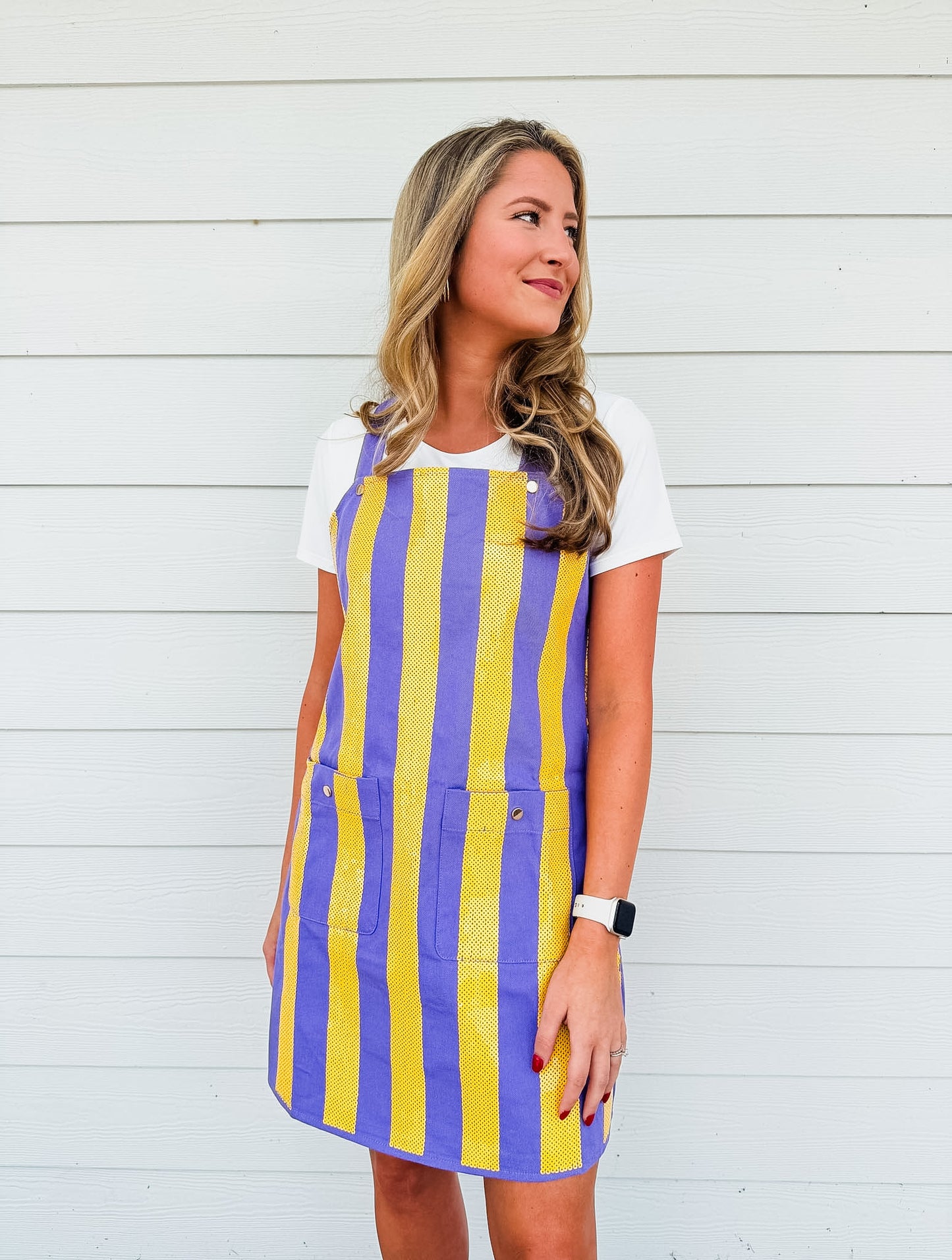 Queen Of Sparkles Purple & Yellow Sequin Striped Overall Dress