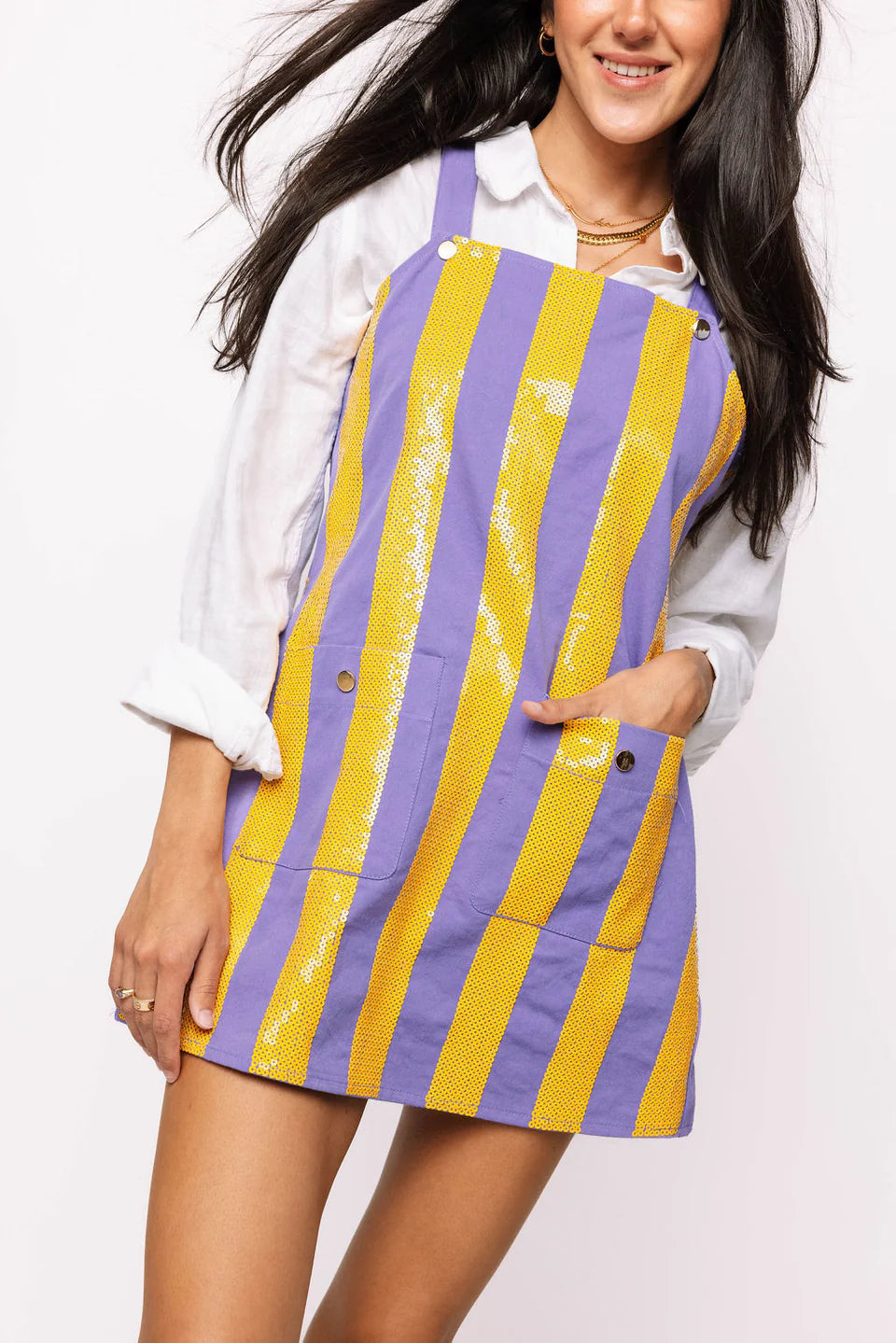 Queen Of Sparkles Purple & Yellow Sequin Striped Overall Dress