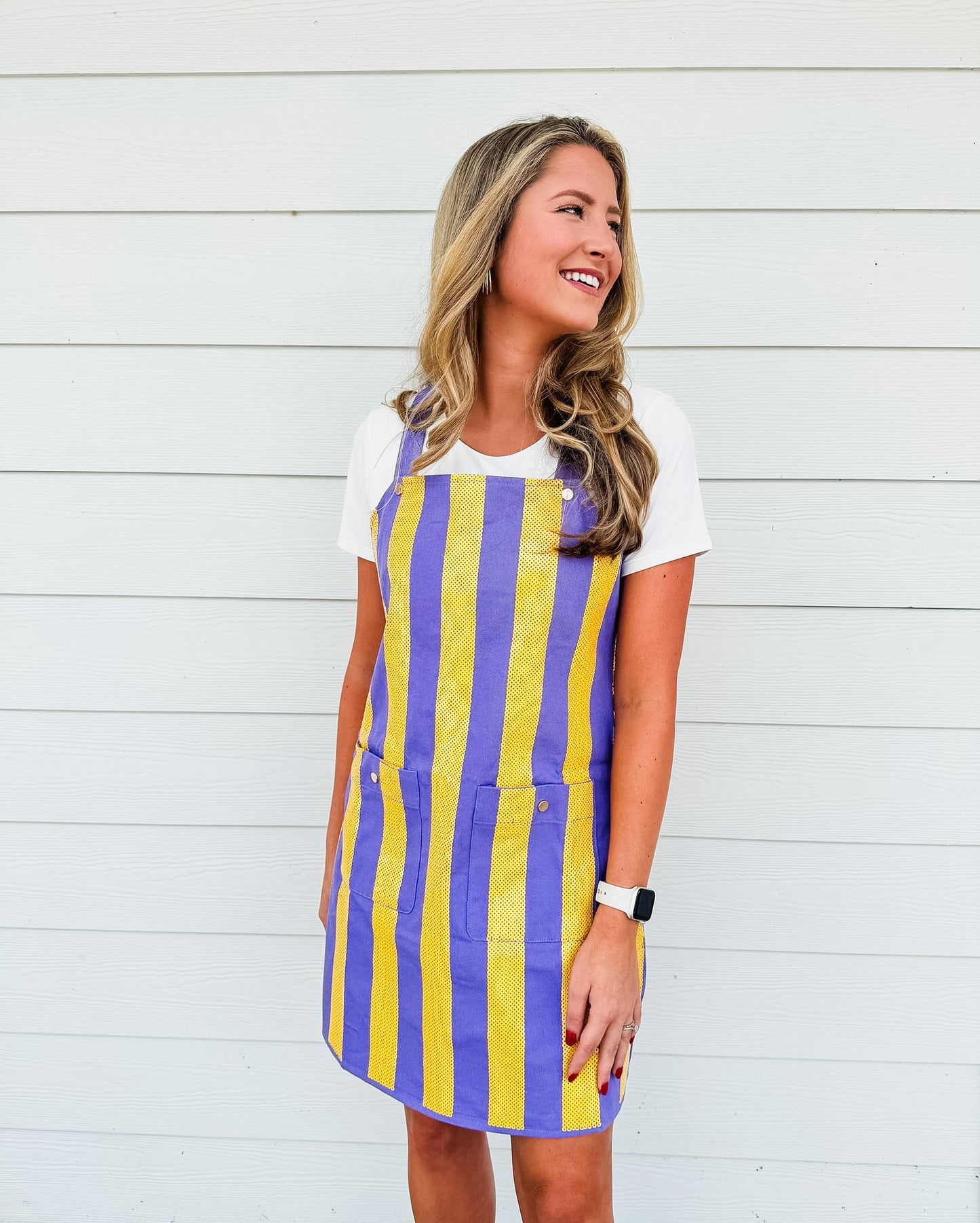 Queen Of Sparkles Purple & Yellow Sequin Striped Overall Dress